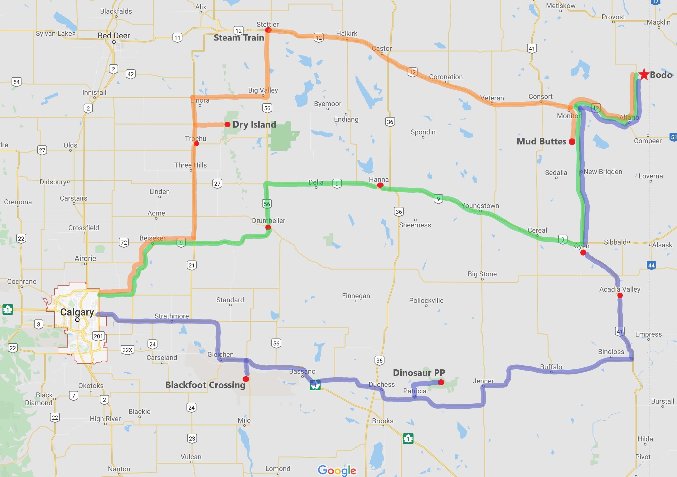 Map depicting routes for reaching the Bodo Archaeological Site, including highways and key landmarks in Alberta such as Blackfoot Crossing, Dinosaur Provincial Park, Dry Island Buffalo Jump, Stettler Train and more