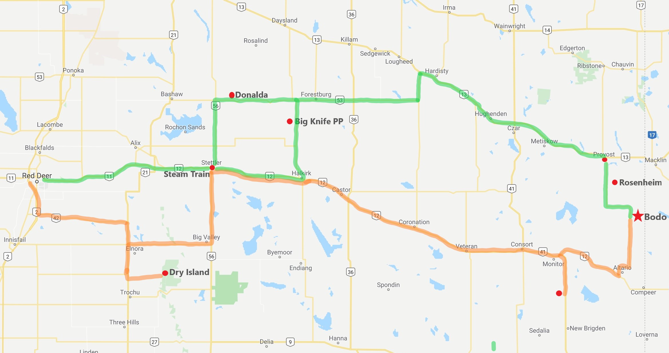 Map highlighting routes to Bodo, Alberta, with notable locations marked, including Red Deer, Donalda, Big Knife Provincial Park, and Rosenheim church.