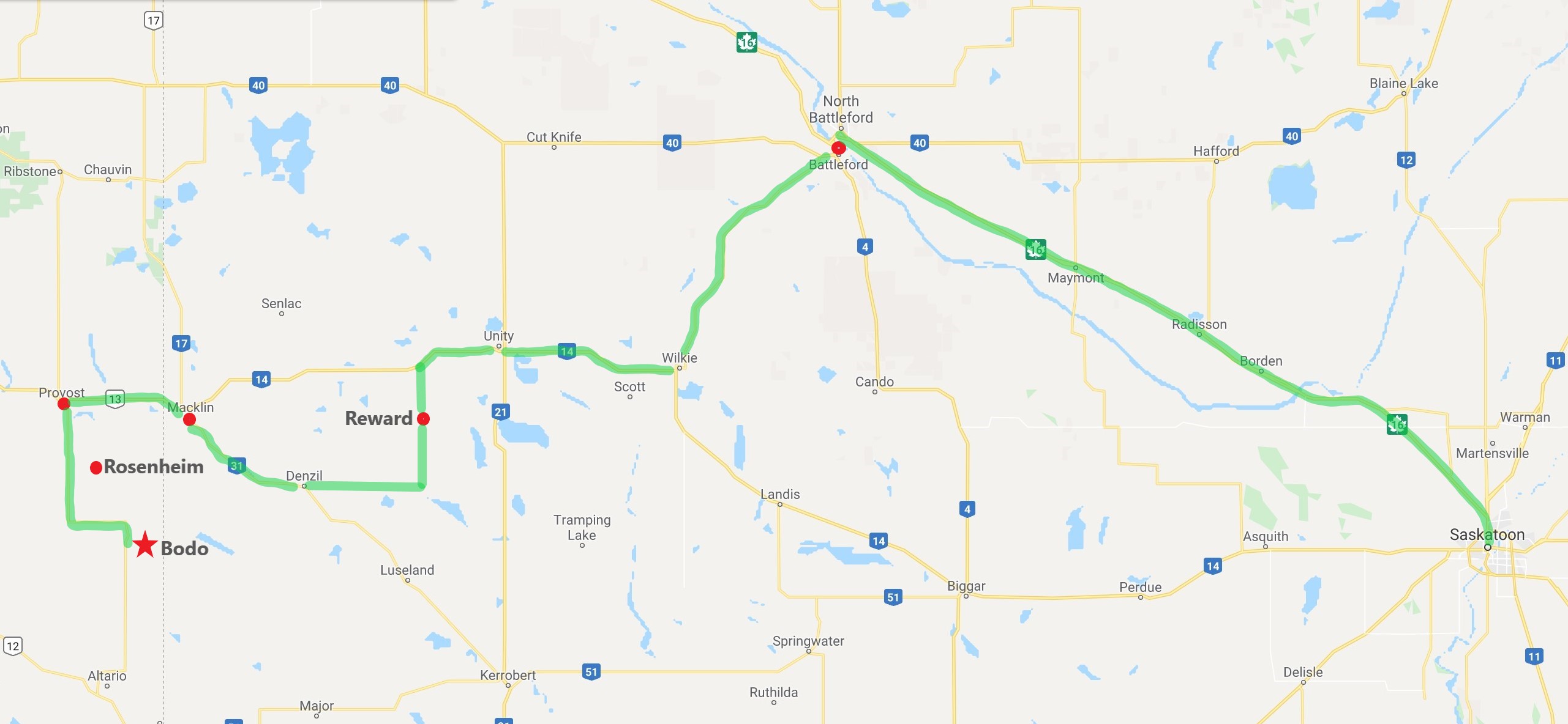 A map showing routes from various cities in Alberta and Saskatchewan to the Bodo Archaeological Site. Key locations like Rosenheim and Reward are marked, along with roads highlighted in green.